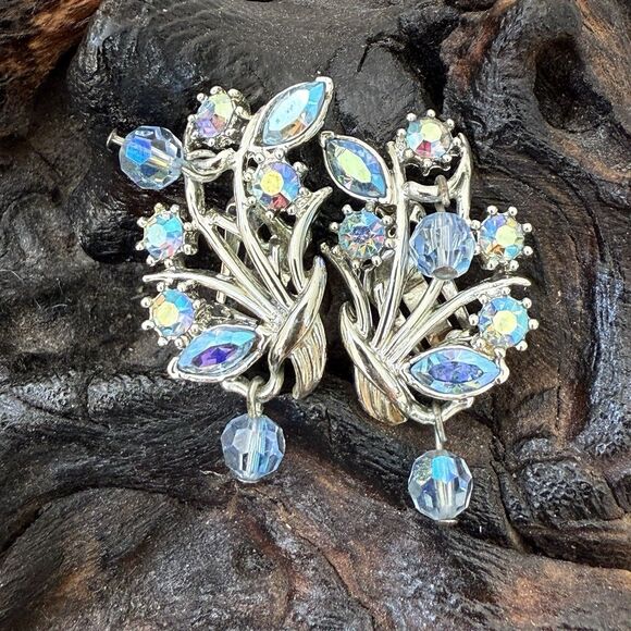 Vintage Coro 3 PC Set Demi-Parure Blue AB Auroa Borealis Dangle Bead Silver Tone - Picture 3 of 16